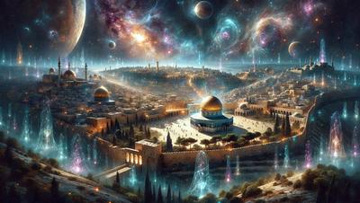 The primary subject of the image is a digital art depiction of a city with a large dome, possibly a mosque, surrounded by a beautifully lit sky. The setting is a futuristic city with a mix of old and new architecture. The visual style is a combination of digital art and illustration, creating a vibrant and captivating scene. The colors and mood of the image are predominantly blue and purple, giving it a serene and peaceful atmosphere.